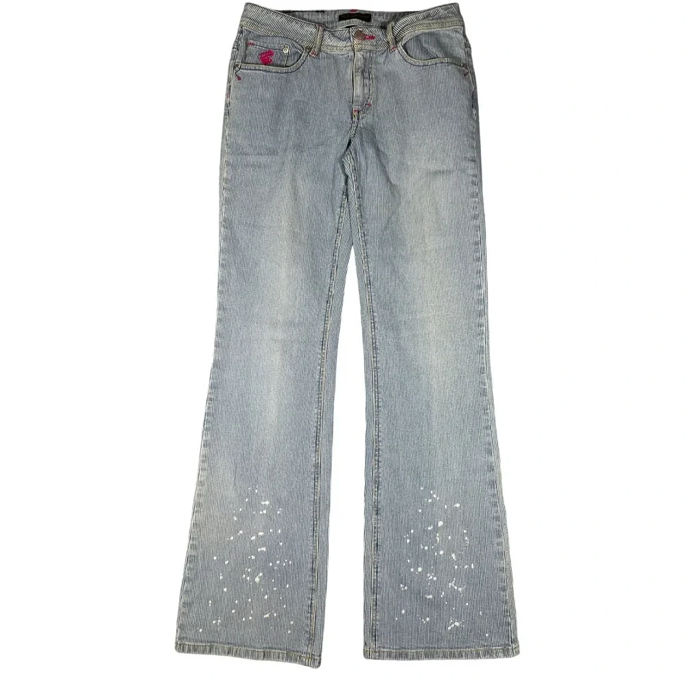 Vintage Rocawear‎ Pinstripe Paint Splatter Flare Jeans Blue White Juniors Size 9